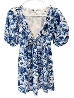 Abercrombie & Fitch Blue White Floral Bow Tie Puff Sleeve A-Line Dress Size XXSP